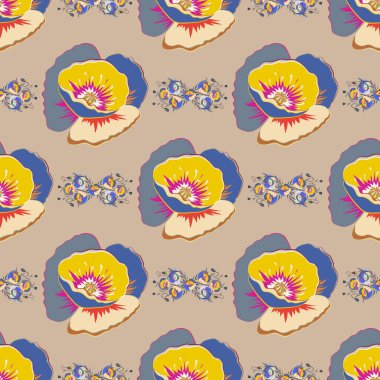 Mavi ve bej renklerinde klasik vektör çiçek deseni.