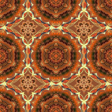 Kusursuz damaske deseni, turuncu, kahverengi ve sarı klasik duvar kağıdı. Vektör kusursuz desen. Süslü kenar.