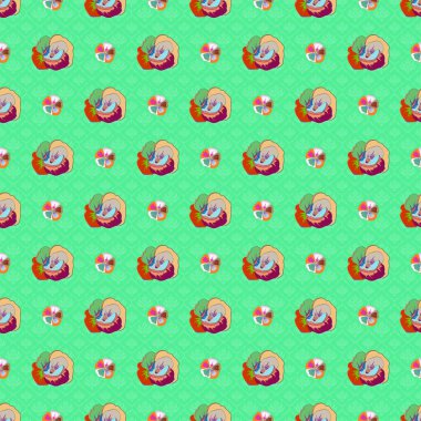 Çiçeksiz desen. Raster illüstrasyonu. Yeşil ve turuncu renkli, soyut sevimli çiçeklerle dolu bahar kağıdı..