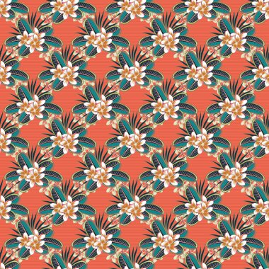 Gri, bej ve turuncu renklerde Plumeria çiçekleriyle soyut zarafet vektörünün kusursuz deseni.