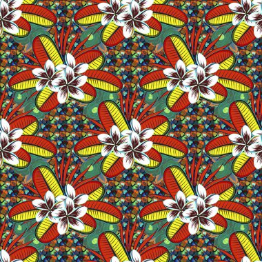 Çiçek arkaplan, çarşaf, ceket, paket tasarımı, kumaş veya moda kavramları için tekstil baskısı. Tespih çiçekleri ve yaprakları kırmızı, turuncu, yeşil ve mavi renklerde..