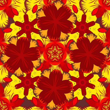 Kırmızı ve sarı renkli yıldız desenli ve klasik süslemeli. Kusursuz bir arka plan. Karmaşık yıldızlı lüks, kusursuz bir desen. Çok renkli dekorasyonlar.