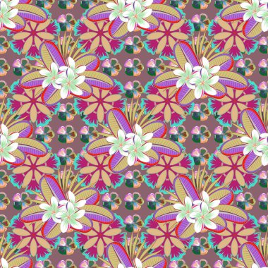 Arabesk. Pembe arka planda klasik, soyut, soyut, çiçeksiz desen. Çarpık kıvrımlı zarif yaprak ve parşömenlerin kesişmesi soyut bir çiçek süsü oluşturur..