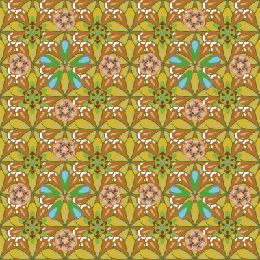 Arabesk ve sarı, yeşil ve kahverengi elementlerle doğuya özgü pürüzsüz bir desen. Geleneksel klasik süs.