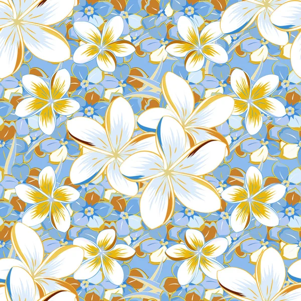 Vektornahtloses Blumenmuster Mit Blüten Und Blättern Gelb Orange Und Blau — Stockvektor