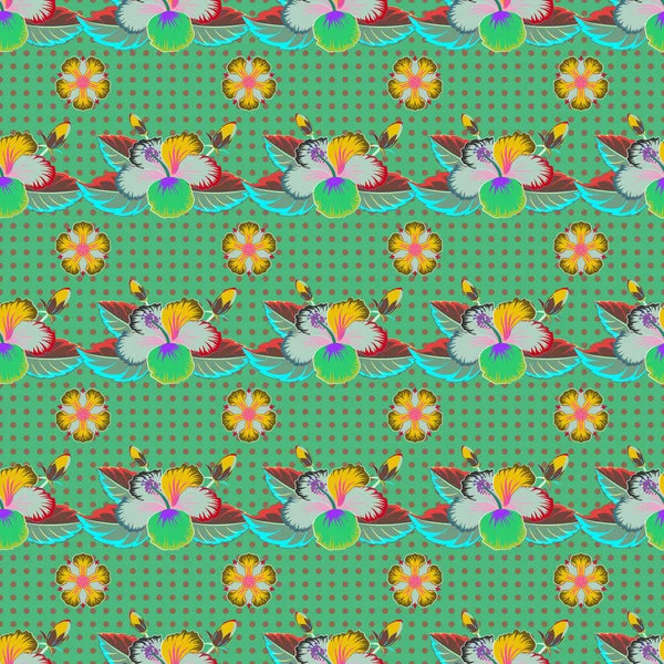 Nahtloses Muster Mit Dekorativen Sommer Hibiskusblüten Auf Grünem Hintergrund Aquarell — Stockvektor
