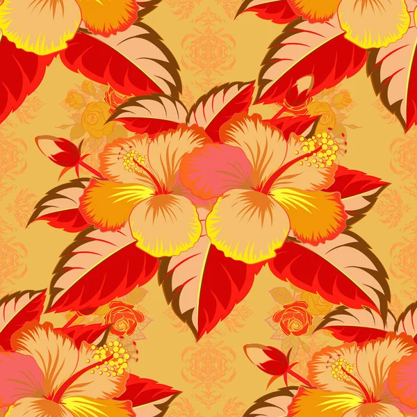 Vector Floral Várias Flores Tropicais Havaianas Hibisco Bege Vermelho Amarelo — Vetor de Stock