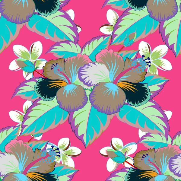 Vektorillustration Nahtloses Hintergrundmuster Mit Tropischen Blüten Und Blättern Grünen Und — Stockvektor