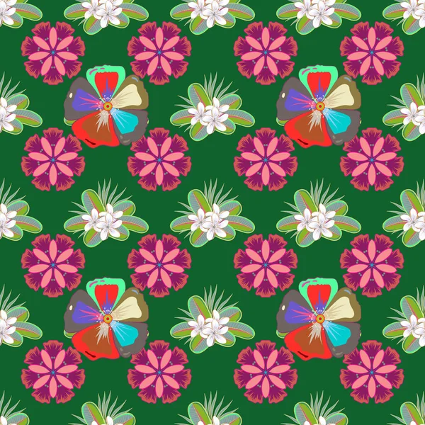 Nahtloses Blumenmuster Mit Stilisierten Kosmos Blumen Auf Grünem Hintergrund Vektorillustration — Stockvektor