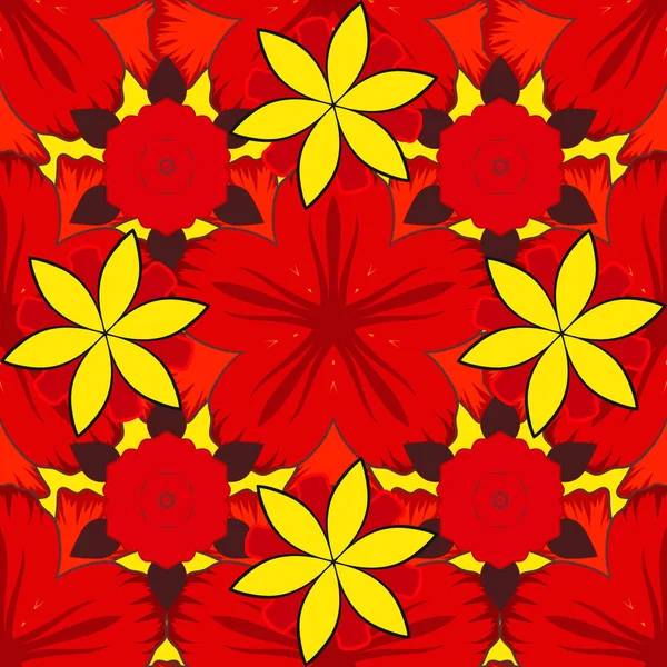 Modèle Sans Couture Fleurs Abstraites Rouge Brun Jaune Illustration Vectorielle — Image vectorielle