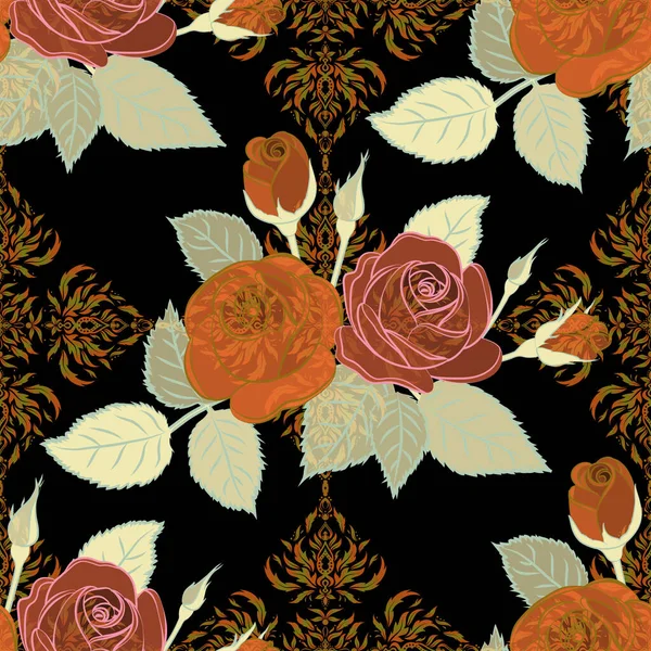 黒い背景に緑 オレンジ 茶色のバラのパターンを描いた手 ベクトルフラワースケッチ バラの花模様 ヴィンテージ花シームレスパターン — ストックベクタ