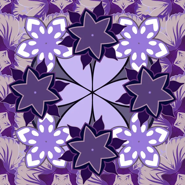 无缝隙背景图案 热带花和叶子呈紫罗兰色 紫色和蓝色 栅格图解 — 图库矢量图片