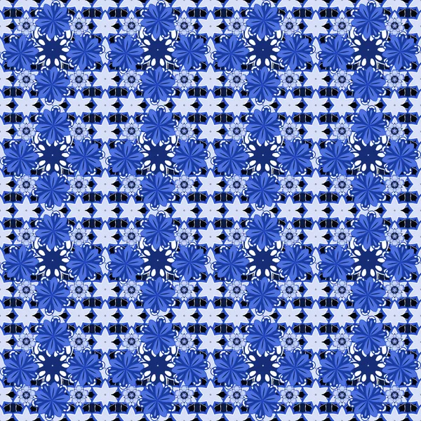 Bloemen Naadloos Patroon Met Bloeiende Bloemen Bladeren Blauwe Witte Kleuren — Stockvector