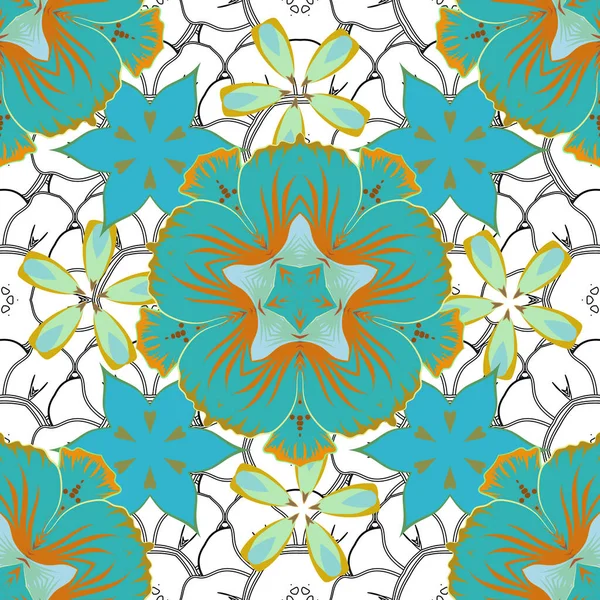Nahtloses Muster Mit Dekorativen Sommerblumen Blauen Grünen Und Gelben Farben — Stockvektor
