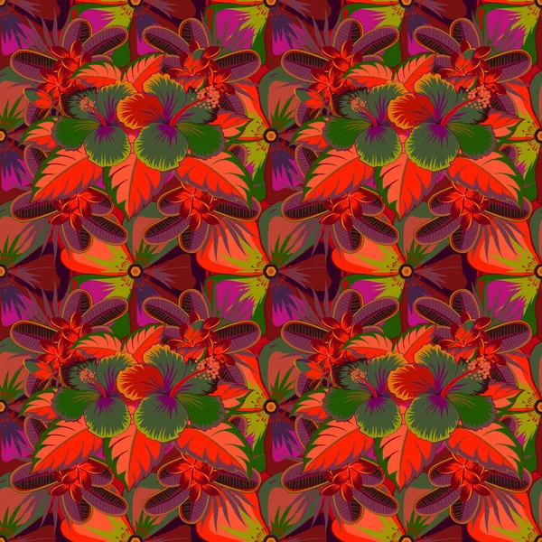 Aloha Гавайские Рубашки Вектор Бесшовный Hibiscus Pattern Желтом Коричневом Красном — стоковый вектор