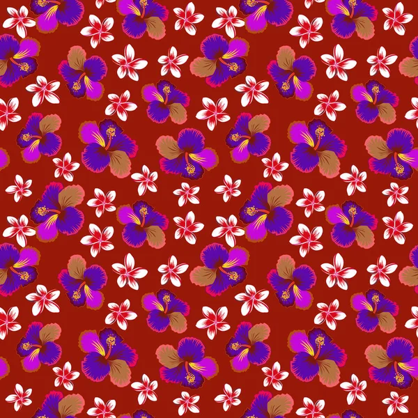 Векторный Бесшовный Рисунок Тропических Цветов Гибискуса Фиолетовых Розовых Красных Цветах — стоковый вектор