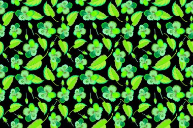 Siyah arka planda yeşil renkli amber çiçekleri ve tropikal bitkilerle parlak Hawaii tasarımı.