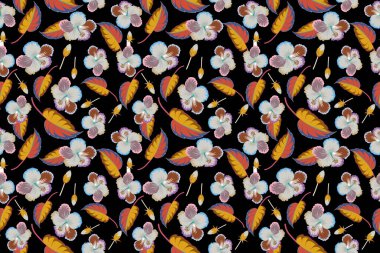 Siyah arka planda bir resim. Küçük çok renkli çiçekte şirin bir desen. Küçük renkli çiçekler. Moda baskıları için zarif bir şablon. Renkli bahar çiçekli arka plan.