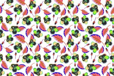 Beyaz arka planda kusursuz desen. Yaprakları ve tomurcukları olan çok renkli amber çiçeği.