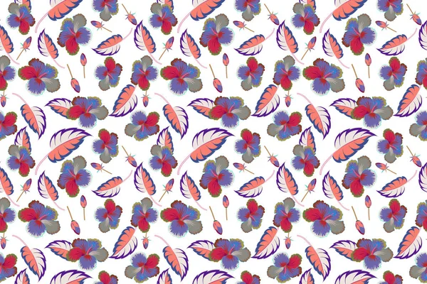 Винтажный Стиль Тропические Разноцветные Цветы Листья Гибискуса Почки Гибискуса Бесшовный — стоковое фото