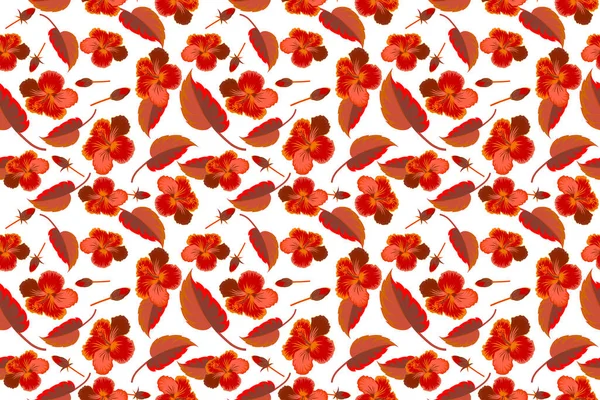 具有热带夏季主题的橙色和红色图案可用作纹理 包装纸 纺织品设计 热带芙蓉花的无缝图案 密林丛生 — 图库照片