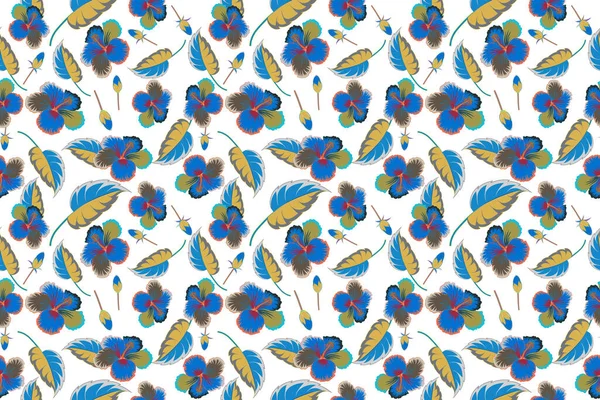 Seamless Pattern Tropical Hibiscus Flowers Blue Yellow Colors Watercolor Effect — Stock Photo, Image
