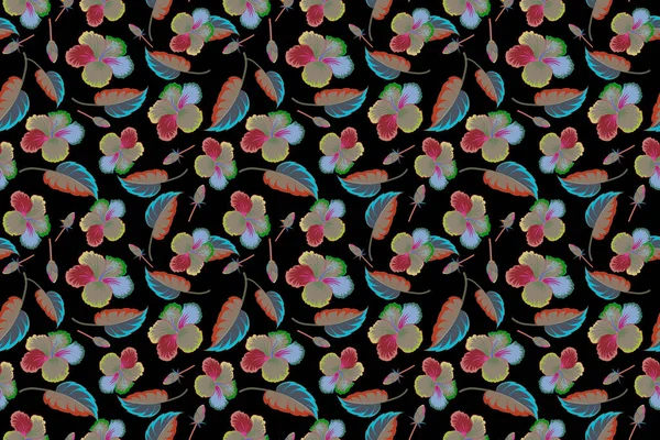 Bright Hawaiian Design Tropical Plants Hibiscus Flowers Black Background — Stock Photo, Image