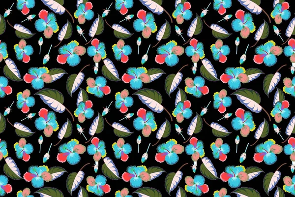 Квіткова Ілюстрація Безшовний Квітковий Візерунок Різнокольоровими Квітами Листям Бутонами Чорному — стокове фото