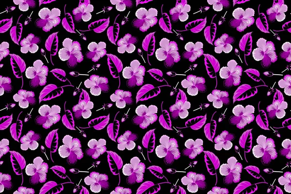 Nahtloses Muster Aus Tropischen Blumen Hibiskus Dichtem Dschungel Muster Violetten — Stockfoto