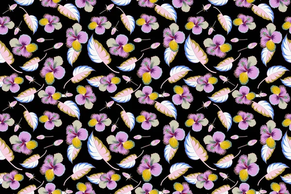 Letni Hawajski Bezszwowy Wzór Wielobarwnymi Roślinami Tropikalnymi Kwiatami Hibiskusa Pączkami — Zdjęcie stockowe
