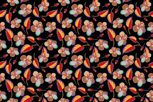 Квітковий Чорному Тлі Тропічний Квітковий Безшовний Візерунок Різнокольоровими Квітами Гібіскуса — стокове фото