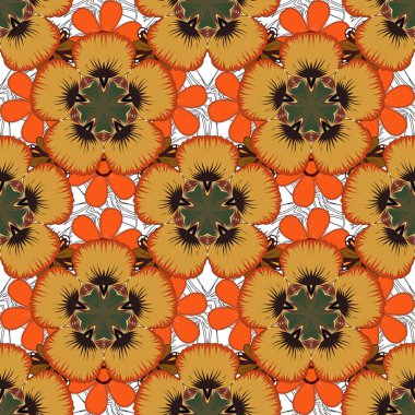 Süslü sarı, turuncu ve kahverengi desenli tasarım. Davetiyeler için süs, doğum günü, tebrik kartları, web sayfaları. Lüks renkli duvar kâğıdı. Doğu tarzında kusursuz vektör dokusu.