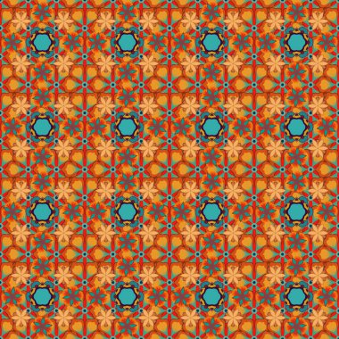 Güzel paçavra çiçeği arkaplanı. Çiçekler turuncu, sarı ve mavi renklerle kusursuz desenli..