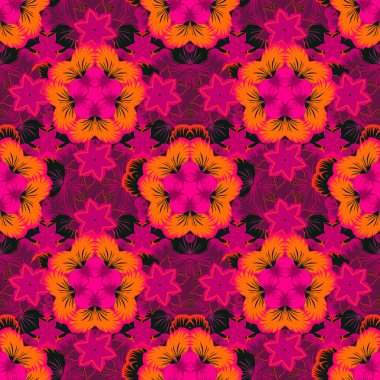 Turuncu, morumsu ve kırmızı renklerde çiçekli dikişsiz desen. Vektör illüstrasyonu.