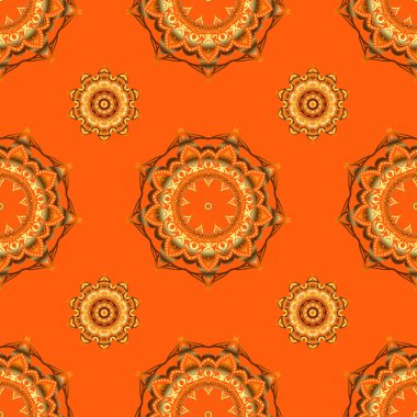 Motley ızgarası. Kahverengi, sarı ve turuncu elementlerle vektörsüz desen.