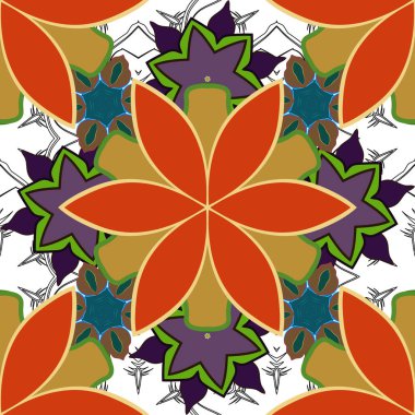 Vektör çizimi. Tropikal çiçekleri ve sarı, gri ve yeşil yaprakları olan kusursuz arkaplan deseni.