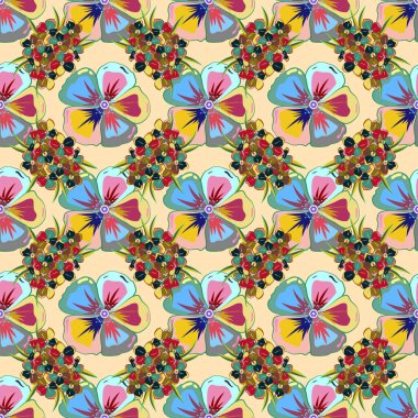 Ditsy pürüzsüz desen. Sarı ve yeşil renkli vektör çiçekleri. Vektör çizimi. Küçük çiçeklerdeki sevimli çiçek desenleri..