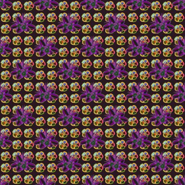 Kahverengi, sarı ve siyah renklerde küçük sevimli çiçeklerin kusursuz deseni. Vektör oldukça eski çiçek izi - pürüzsüz arkaplan.