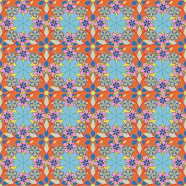 Vektör çizimi. Parlak, güzel, kusursuz bir arka plan. Soyut şirin çiçek deseni pembe, mavi ve turuncu renklerde..