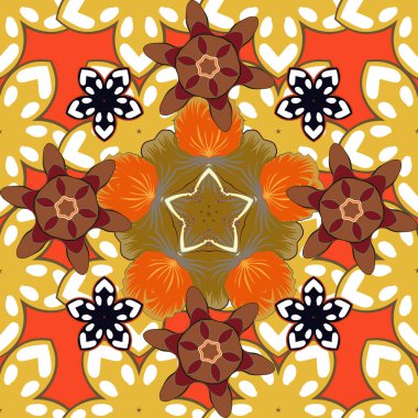 Duvar kağıdı, sunum, tasarım, baskı veya tekstil için iyi bir model. Kahverengi, turuncu ve sarı renklerdeki elementlerin kusursuz görüntüsü. Vektör illüstrasyonu.