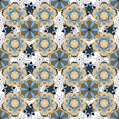 Bej, yeşil ve mavi süslemeli soyut vektör deseni. Karmaşık süslemeli klasik tasarım.