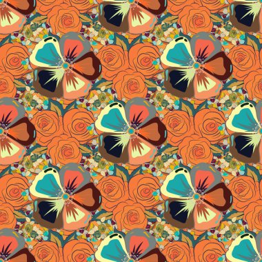 Raster Kozmos pembe, bej ve turuncu renklerle kusursuz desen.