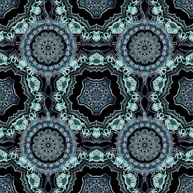 Şatafatlı klasik süs, duvar kağıtları, baskı, tekstil veya kumaş için kraliyet Victoria dönemi dokusu. Vektör çizimi. Barok klasik çiçek desenli mavi ve yeşil renklerde kusursuz desen..