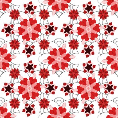 Arabesk ve pembe, kırmızı ve bej elementli, doğuya özgü, pürüzsüz bir model. Geleneksel klasik süs.