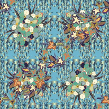 Stock vektör illüstrasyonu. Yeşil, gri ve mavi renklerde, kusursuz soyut unutma beni çiçeği deseni. Klasik stil.