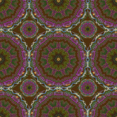 Mor, yeşil ve kahverengi renklerde. Vektör çizimi. Ikat damaske desensiz arkaplan fayansı.
