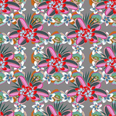 Vektör çizimi. Pembe ve kahverengi renklerde, çiçekli, dikişsiz desen..