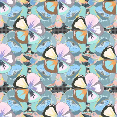 Çiçek arkaplan. Gri, mavi ve mor renklerde, sevimli kozmos çiçekleriyle kusursuz vektör deseni.