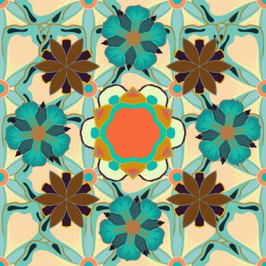 Paket kağıdı, tekrarlayan elementler, klasik tasarım, defter kapağı için mavi, kahverengi ve bej renklerde mükemmel tasarım. Kusursuz vektör deseni ve doğal çiçek deseni..