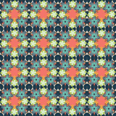 Mavi, yeşil ve turuncu renklerde küçük, pürüzsüz desenler. Çiçekli çok renkli dalları olan vektör. Vektör illüstrasyonu.